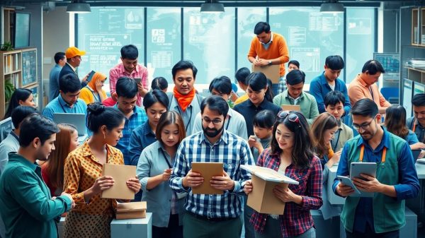 Personas que trabajan en nuevas profesiones relacionadas con el comercio electrónico.