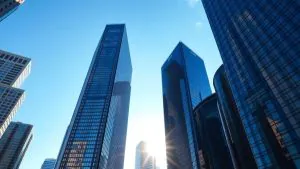 Tall buildings in a sunny city.